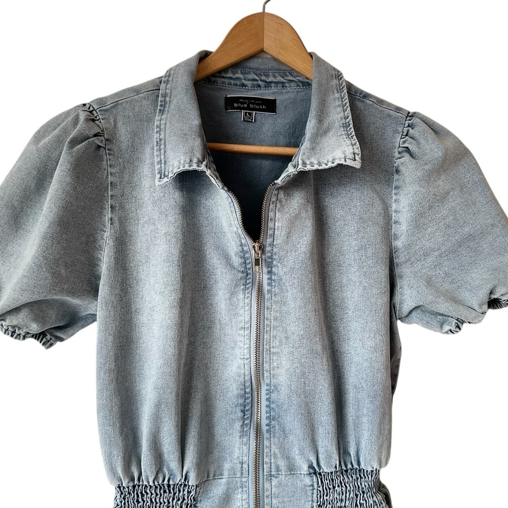 Blue Blush Cotton Blend Faux Denim Balloon Sleeve Dress - Picture 5 of 16